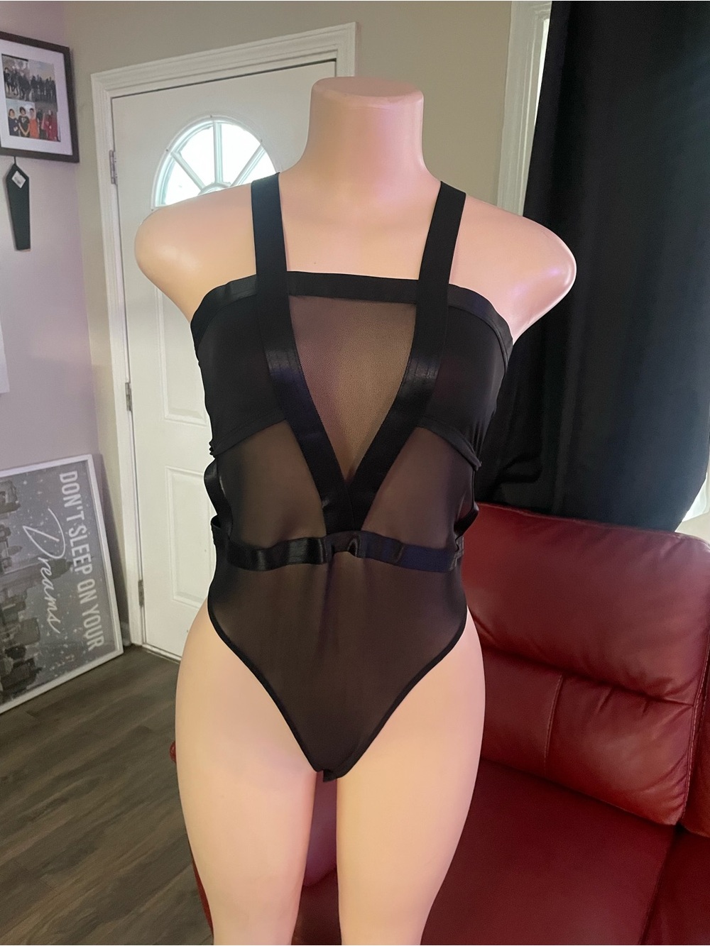 Julia Love J Black Sheer Strappy Mesh Bodysuit Medium date night New